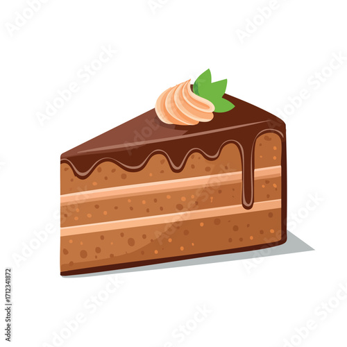 Delicious chocolate cake slice, creamy frosting, drizzled glaze, mint garnish.