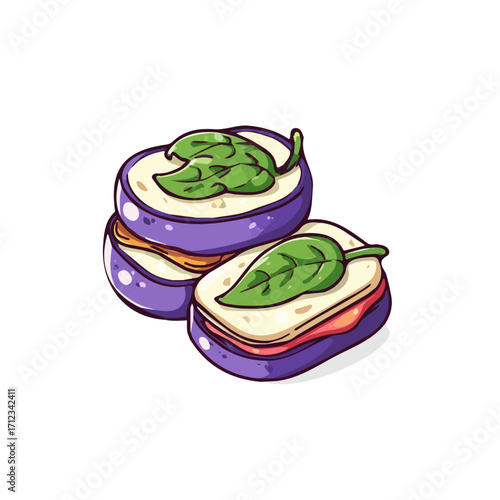2D flat vector graphic of a Eggplant Parmesan in icon style, isolated on white background