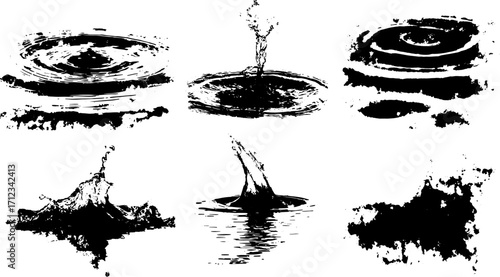 Water splash and ripple effects in black and white. Dynamic vector illustration featuring smooth texture and simple design in a set.