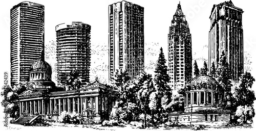 City skyline illustration featuring diverse buildings and trees. Detailed black and white vector set with a mix of modern and historic architectural designs.