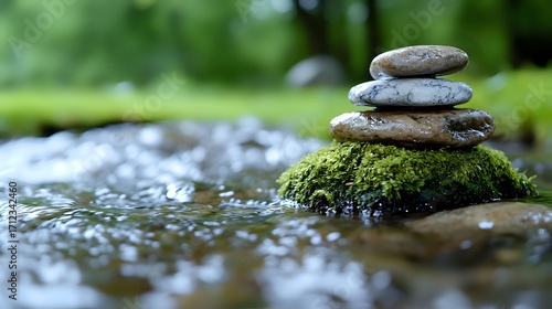 Balanced zen stones stacked on moss-covered rock in stream with flowing water and green forest bokeh background, creating peaceful meditation atmosphere.