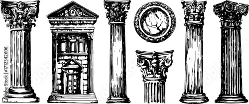Classic column and pillar designs in black and white vector illustration. Features ornate details and geometric shapes in a set.