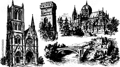 Illustration of historical architecture: a church, tower, castle, and bridge in black and white. This vector artwork highlights iconic structures in a landscape set.