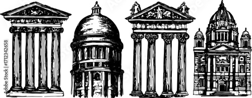 Set of architectural illustrations featuring classical columns and domes in black and white. This vector design showcases historical buildings.