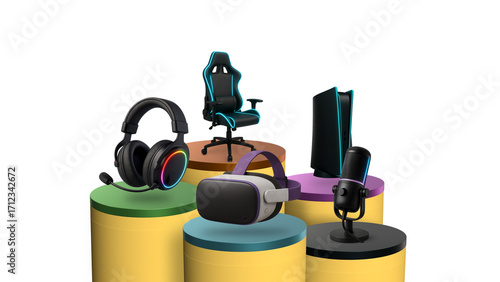 A gaming and technology exhibition featuring headphones, game consoles, microphones, VR headsets, and gaming chairs on modern-themed, colorful podiums.