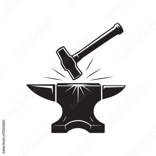 Blacksmith hammer striking an anvil with sparks, isolated on white background technology background