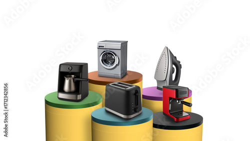 Kitchen and technology products exhibition, where products such as washing machines, irons, coffee machines, Turkish coffee makers, and toasters are displayed on colorful podiums with a modern concept