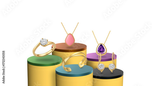 A jewelry and jewelry exhibition featuring gold rings, bracelets, necklaces, and earrings on colorful, modern podiums.