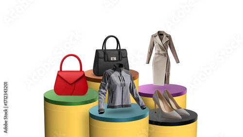 An exhibition of clothing and women's clothing products, displaying bags, dresses, jackets and shoes on colorful podiums with a modern concept