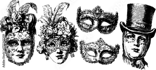 Set of vintage masks for theatrical performance and masquerade. Black and white vector illustration showcasing elegant design and decorative details.
