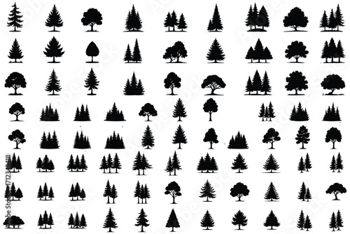 Collection of black tree silhouettes on white background