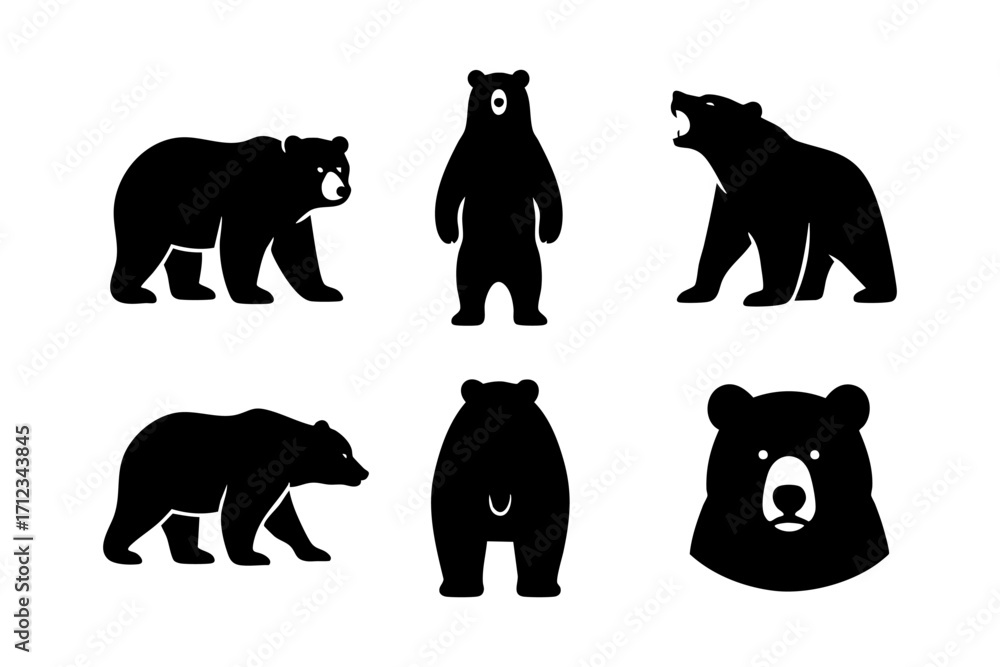 Naklejka premium Bear icons in black silhouette style: walking bear, standing bear, roaring bear, front view, back view, and bear head.