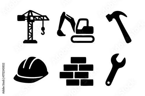 Crane, excavator, hammer, hard hat, bricks, and wrench in black silhouette style.