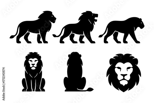 Lion icons in black silhouette style: standing lion, roaring lion, walking lion, sitting lion, back view, and lion head.