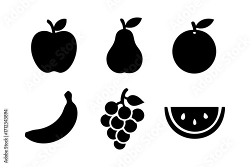 Fruit icons in black silhouette style: apple, pear, orange, banana, grapes, and watermelon slice.