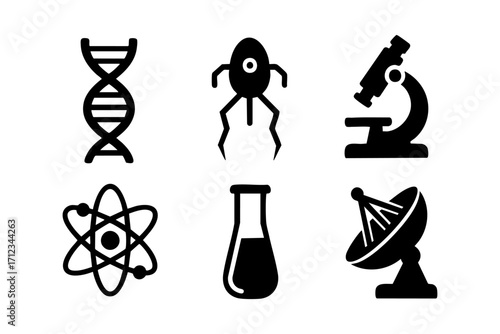Icons in black silhouette style: DNA strand, bacteriophage, microscope, atom, test tube, satellite dish.