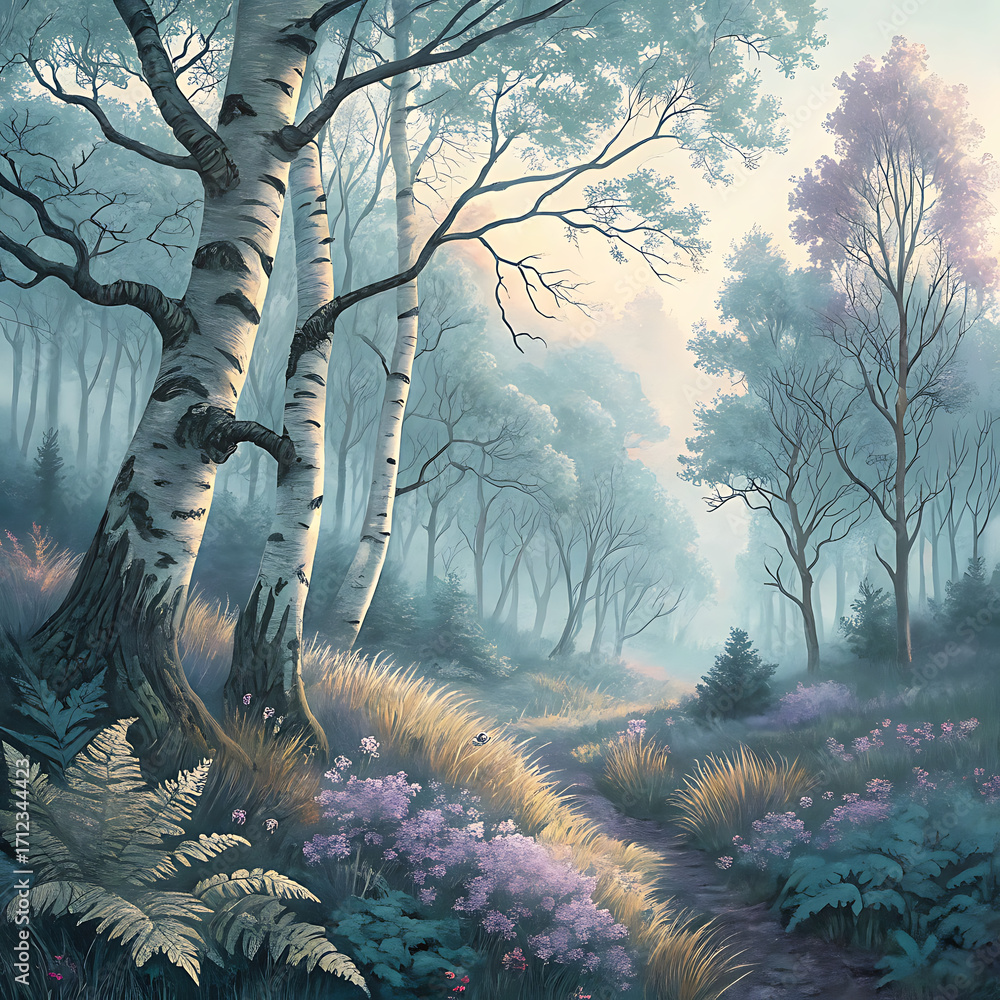 Fototapeta premium Misty woodland path bathed in soft morning light gouache painting serene nature scene illustration
