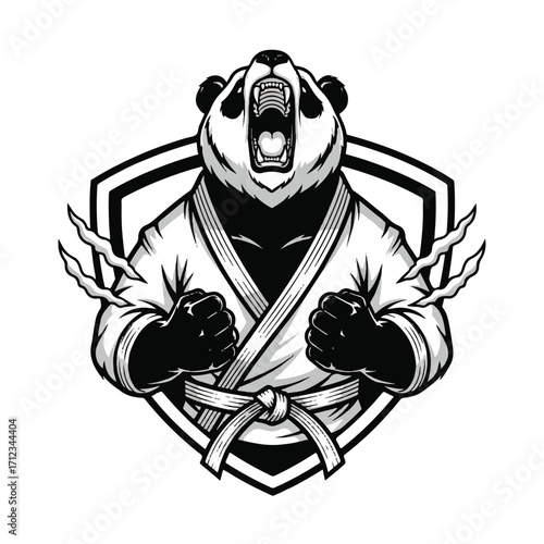 A fierce panda, in a martial arts gi, roars defiantly within a heraldic shield.