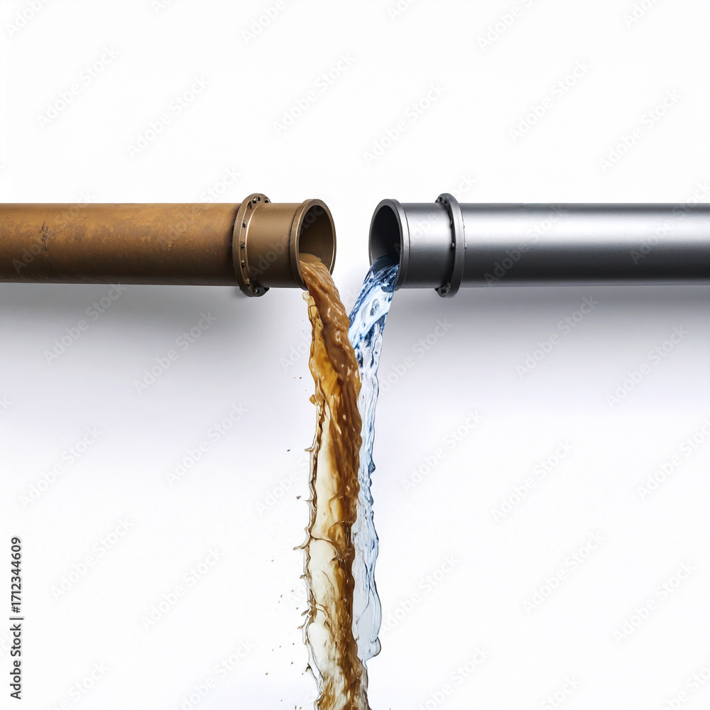 Fototapeta premium 対照的な水の流れ：古いパイプから流れる汚れた茶色の水と、新しいパイプから流れる透明な青い水が合流する様子。技術の進歩や環境問題、新旧の融合を象徴するコンセプト映像。