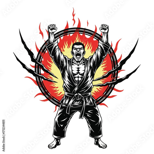 A triumphant martial artist, clad in a gi, celebrates victory with raised arms, surrounded by a fiery aura.