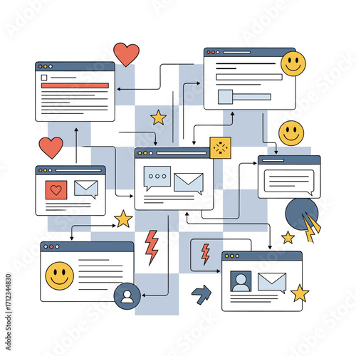 Digital Communication Network Connecting Various Social Media Platforms and User Interfaces.