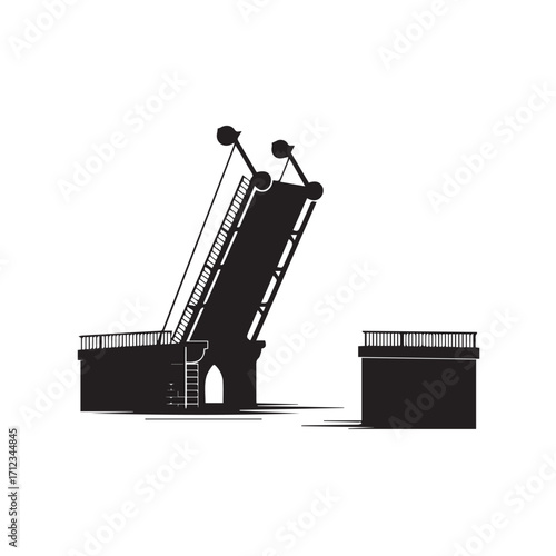 Silhouette of a bascule bridge opening to allow boats to pass through, isolated on white background technology background