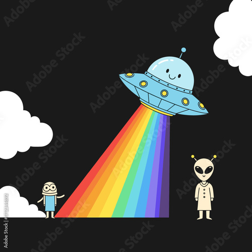 Cute alien spaceship beaming a rainbow down to earth characters.