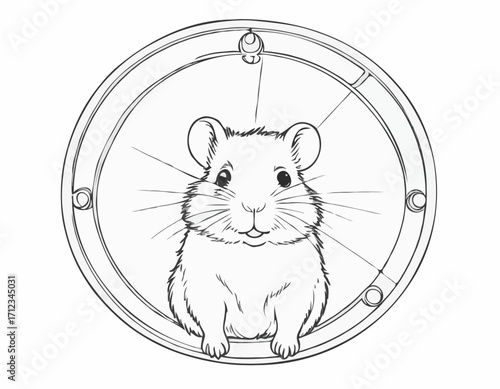 Hand-Drawn Line Art of a Hamster in a Wheel, Cute and Whimsical Illustration for Pet Supply Stores and Children's Products.