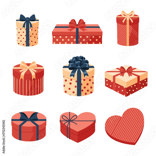 Collection of nine festive gift boxes in various shapes and colors.