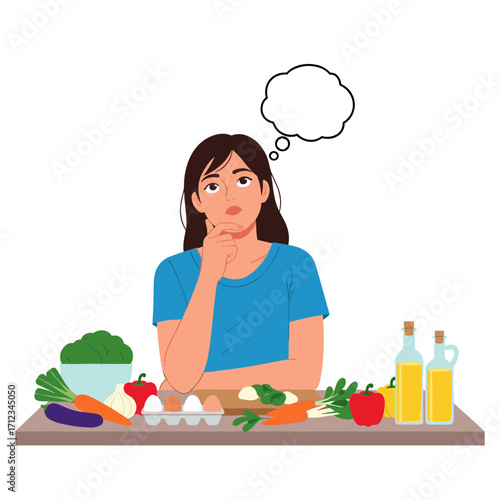 Woman thinking about healthy meal preparation with fresh ingredients.