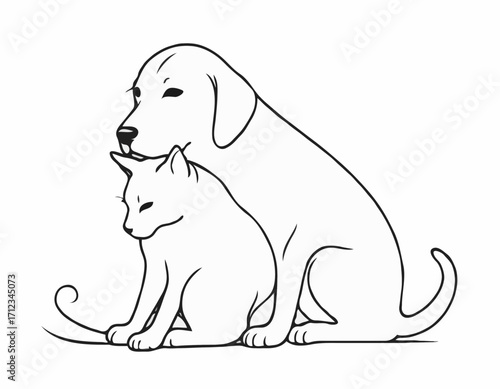 Detailed Line Art Composition of a Dog and Cat Nuzzling, Expressing Affection and Friendship, Perfect for Veterinary Clinics.