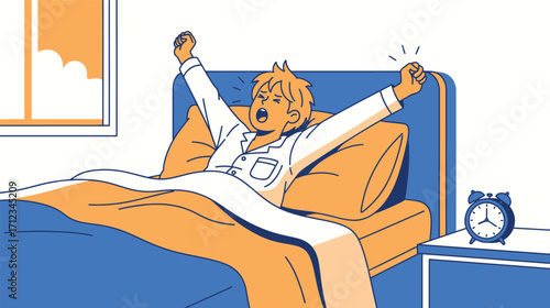 Young man waking up stretching in bed with alarm clock