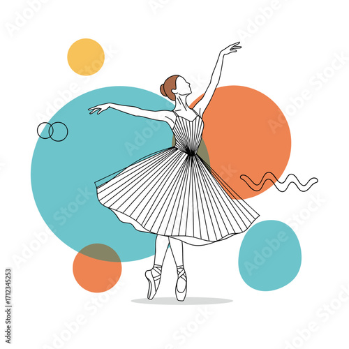 Elegant ballerina in graceful pose with abstract colorful circles.