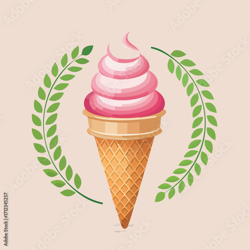 A delicious strawberry ice cream cone, swirled and served in a waffle cone, framed by green leaves.