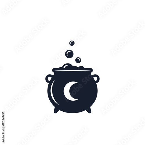 A dark cauldron with a crescent moon symbol and bubbling potion.