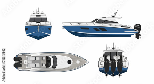Motor Yacht Blue Boat Vector Illustration Side Top Front View Isolated