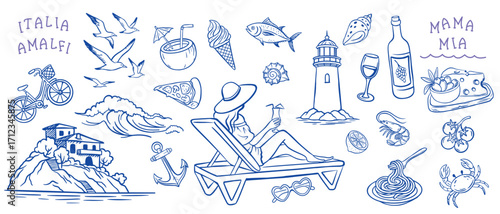 Summer vacation on Coast Amalfi. Set with seafood, girl, sea, house, seagull, wine and pasta. Coastal lifestyle, travel and resort in Italy. Vector illustration in hand drawn style, line art
