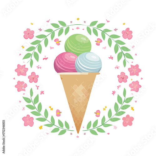 A colorful ice cream cone with three scoops surrounded by floral wreath illustration.