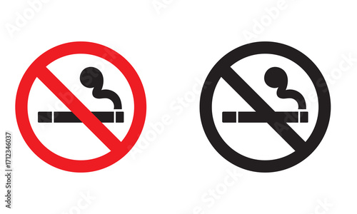 No smoking prohibition signs in red and black. Two no smoking icons featuring a cigarette crossed out inside circular borders, one in red and one in black, symbolizing restriction. vector 10 eps


