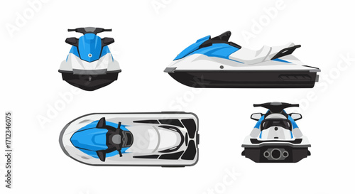 Jet Ski Watercraft Illustration Set: Various Views of a Blue and White Personal Watercraft