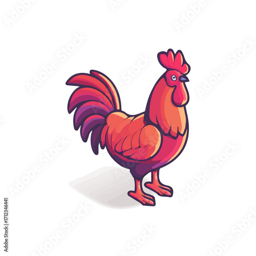 Flat 2D Rooster vector illustration, icon graphic on white background