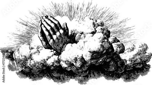Praying hands emerging from clouds, illustrated in black and white. This vintage vector illustration conveys themes of religion, devotion, and spirituality.