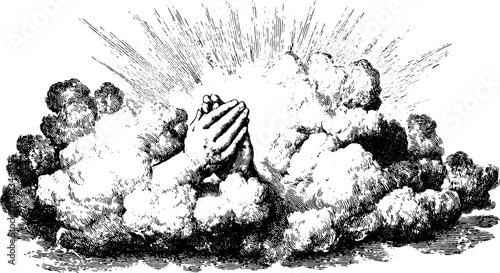 Prayer hands rising through clouds in a vintage black and white style. A spiritual vector illustration representing belief and devotion in graphics.
