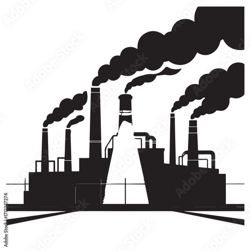 Silhouette of a factory with smoke billowing from its chimneys, isolated on white background technology background