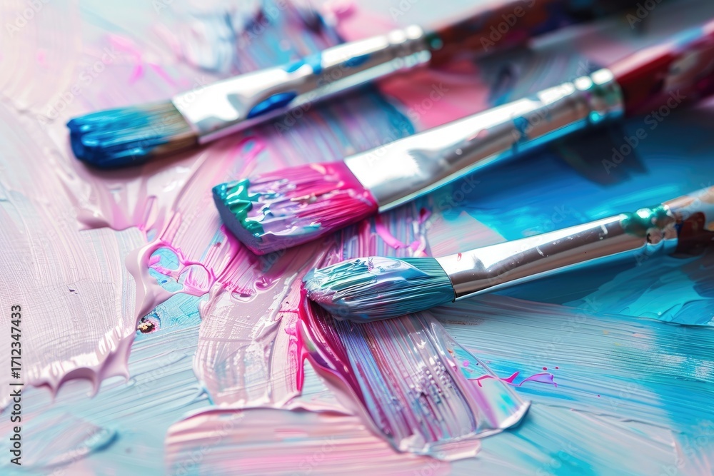 Fototapeta premium Close-up of three paintbrushes resting on a palette with vibrant, textured acrylic paint in pink, blue, and purple hues. The paint is thickly applied, showing brushstrokes