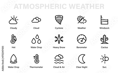 Atmospheric Weather Modern Line Icon Pack. Professional climate outline vector set of minimal premium forecast, storm, and seasonal illustrations.
