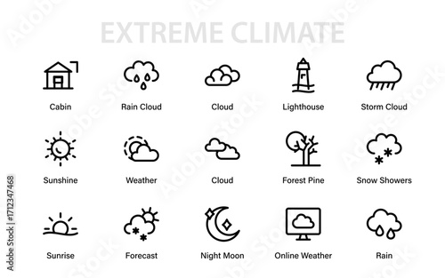 Extreme Climate Professional Line Icon Set. Modern weather outline vector pack with premium minimal forecast, storm, and seasonal atmospheric illustrations.