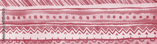 Ethnic abstract striped horizontal background. Burgundy raster watercolor ornate banner template.