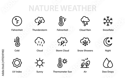 Nature Weather Modern Line Icon Collection. Professional climate outline vector pack with minimal stylish forecast, storm, and atmospheric illustrations.