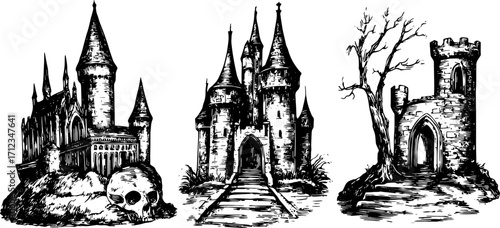 Gothic castles with a skull and tree. Black and white medieval architecture vector illustration featuring detailed craftsmanship and an eerie atmosphere.